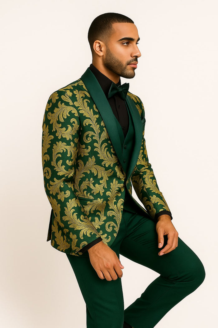 Mens Green and Gold Embroidered Tuxedo 3-Piece Prom Suit