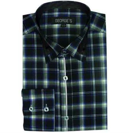 Green Long Sleeve Plaids And Checks Pattern Men's Dress Shirt - 16" Neck/32-33" Sleeve