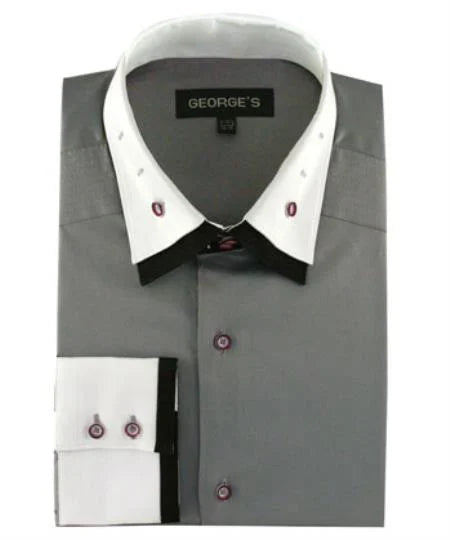 Double Spread Collar 100% Cotton Solid Grey Men's Dress Shirt