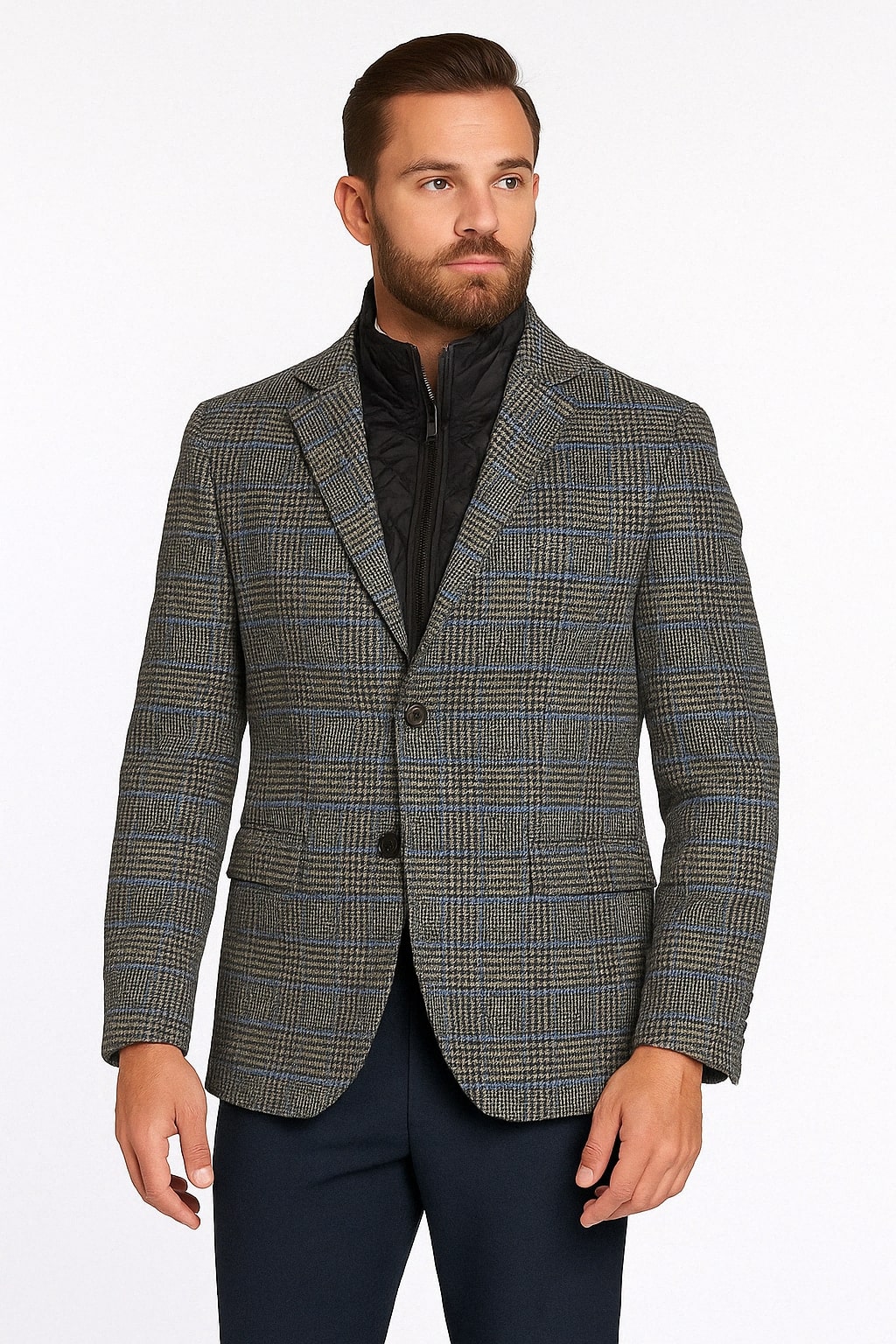Mens Grey and Blue Glen Check Wool Blazer with Quilted Inner Layer - 36 Short