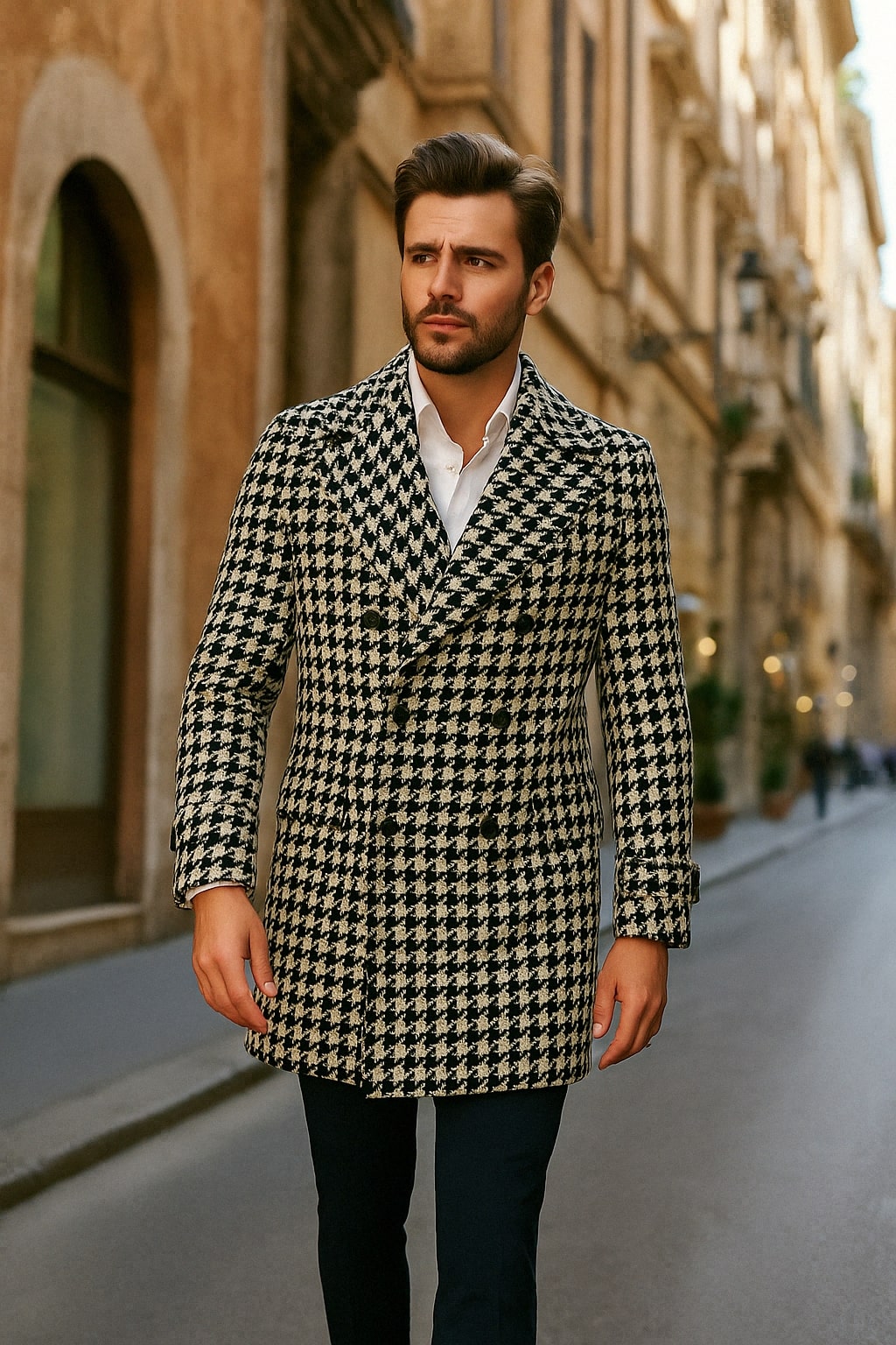 Mens Houndstooth Double-Breasted Wool Peacoat Black and White Wool  Short Coat Slim Fit - Coat Size 38