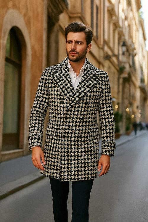 Mens Houndstooth Double-Breasted Wool Peacoat Black and White Wool  Short Coat Slim Fit