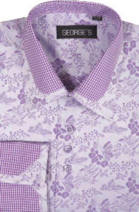 Lavender Ethnic Traditional Touch Spread Collar Dress Shirt - L Or Large