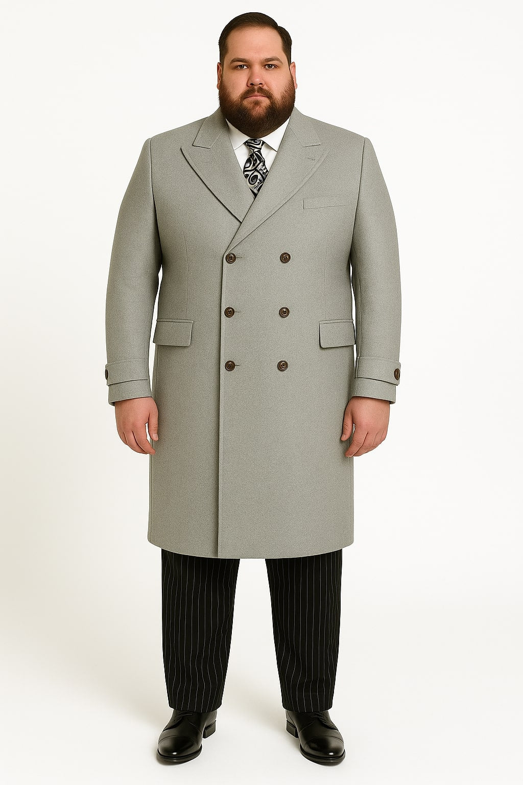 Mens Light Gray Double-Breasted Wool Overcoat â€“ Classic Long Dress Coat for Winter - Coat Size 38