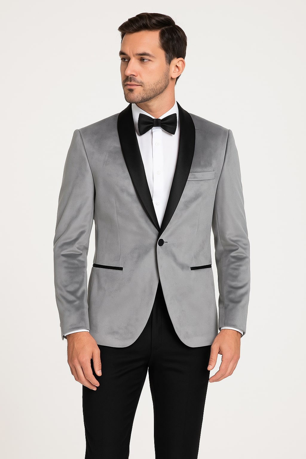 Mens Light Gray Velvet Tuxedo Jacket – Slim Fit Shawl Lapel Formal Blazer + Black Pants Included - 34 Short or Extra Small