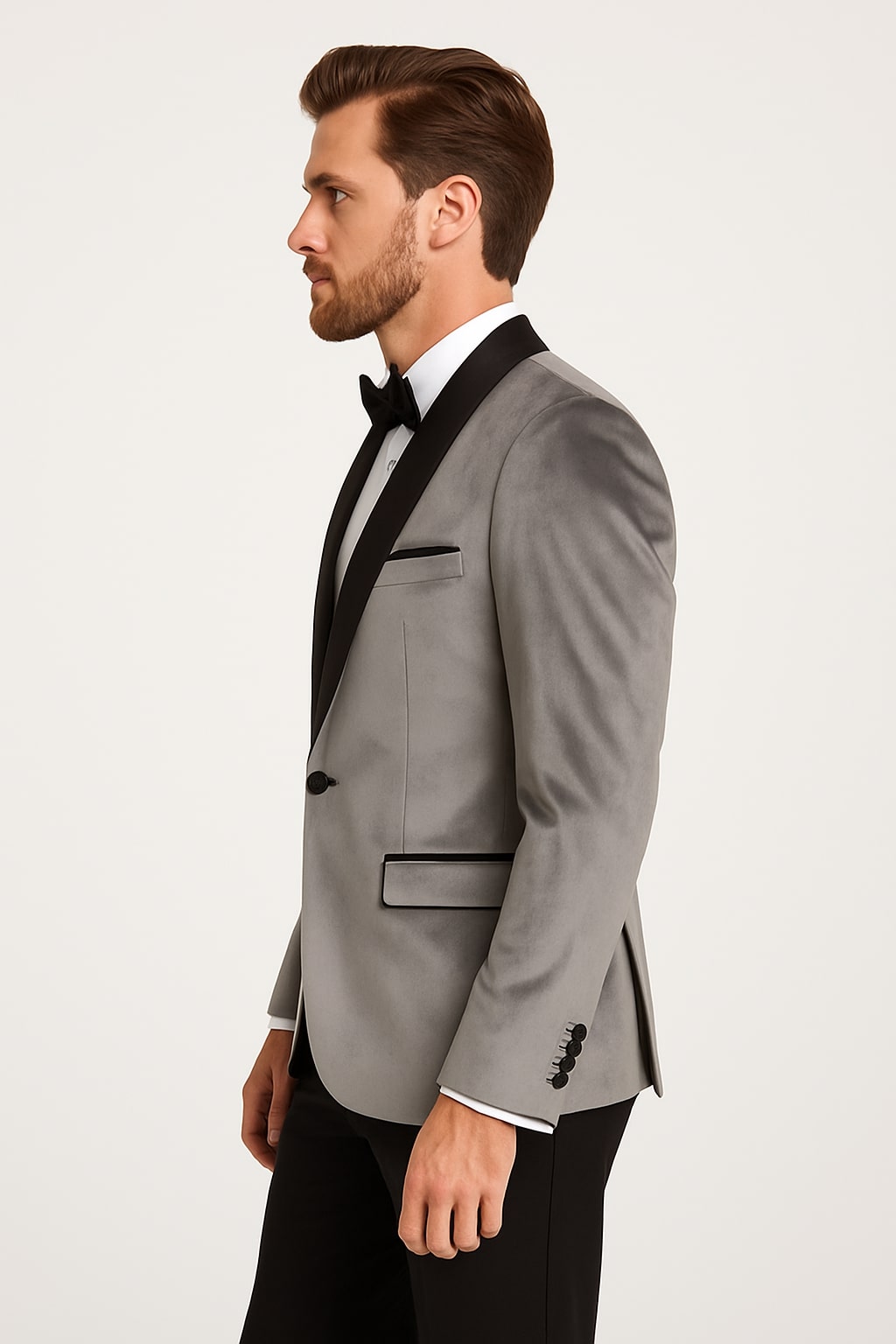 Mens Light Gray Velvet Tuxedo Jacket – Slim Fit Shawl Lapel Formal Blazer + Black Pants Included - 34 Short or Extra Small