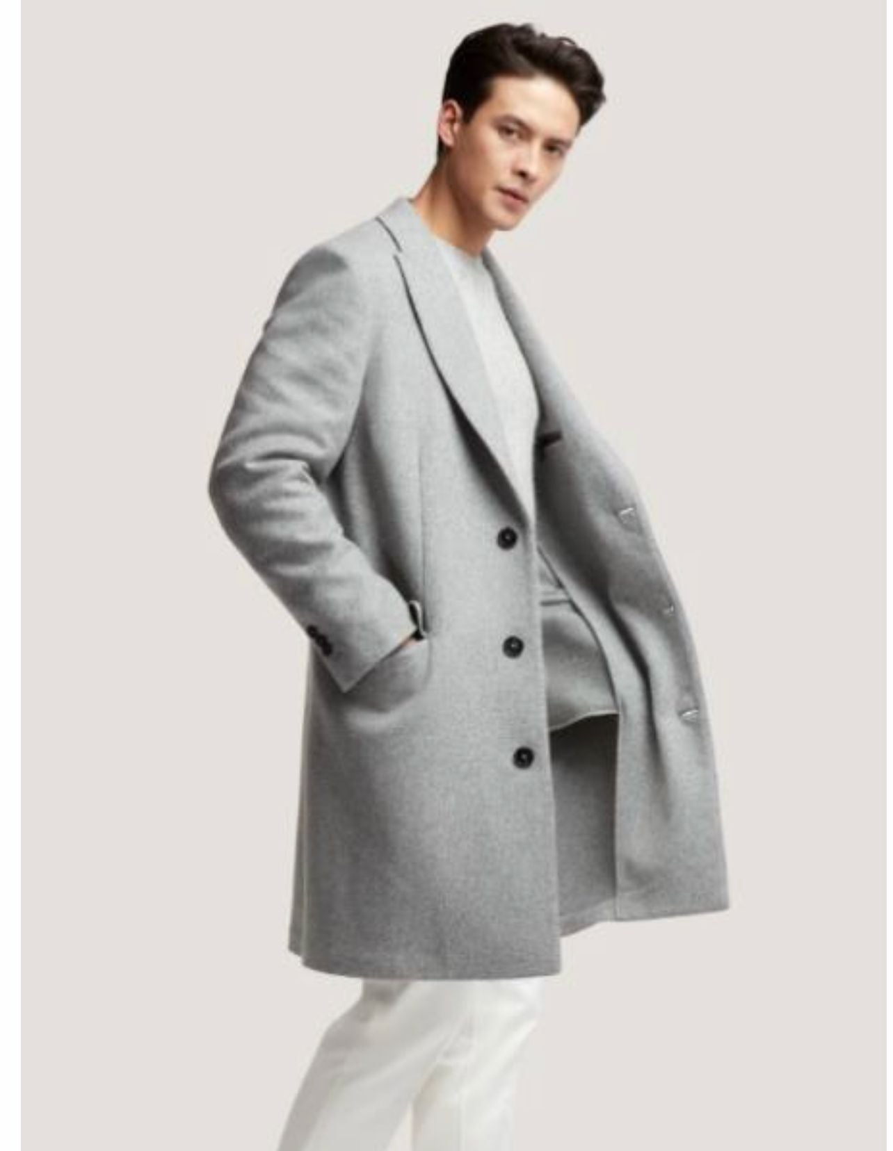 Mens Light Gray Wool Overcoat â€“ Classic Single-Breasted Winter Coat - Coat Size 38