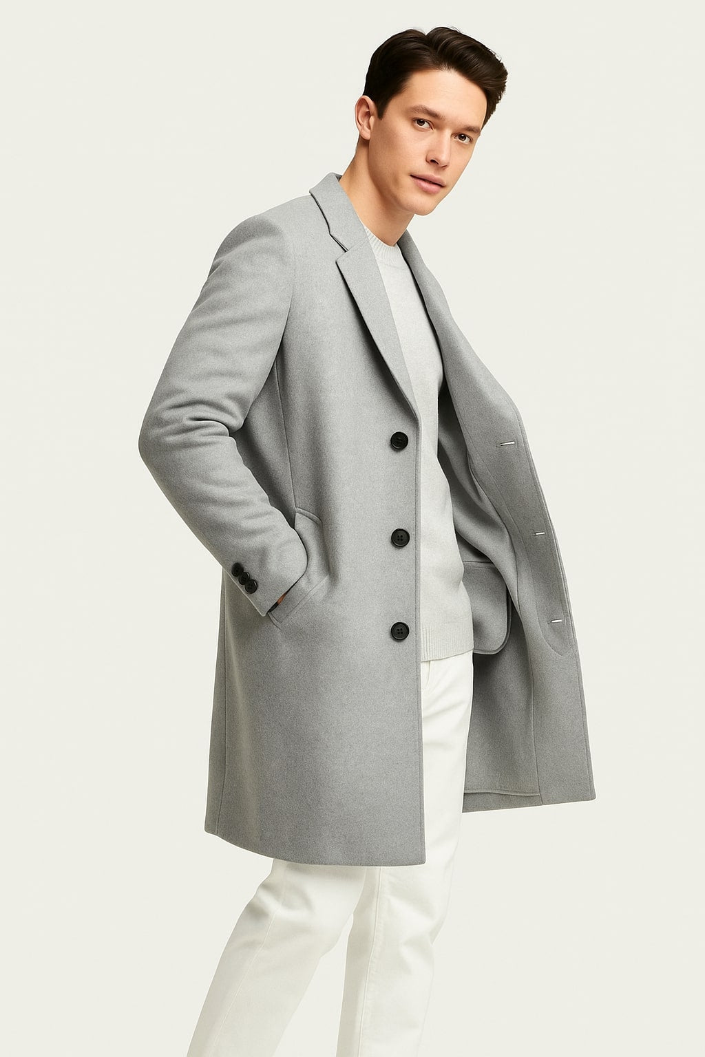 Mens Light Gray Wool Overcoat â€“ Classic Single-Breasted Winter Coat - Coat Size 38