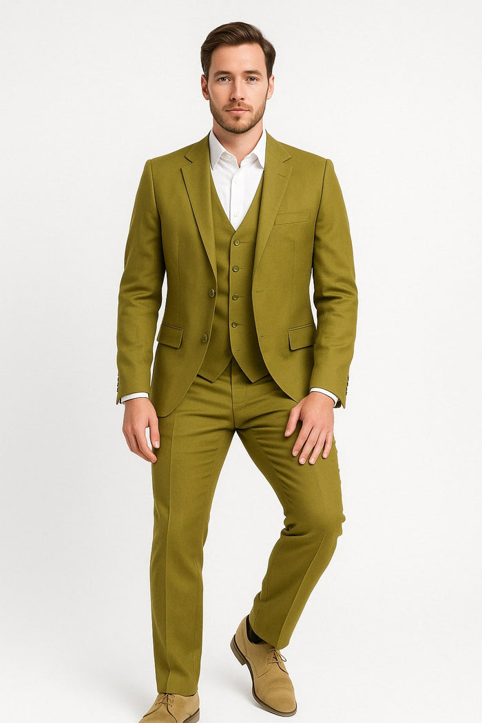 Mens Light Olive Green Linen Suit Three-Piece Style  â€“ Formal Suit with Vest and Flat Front Pants