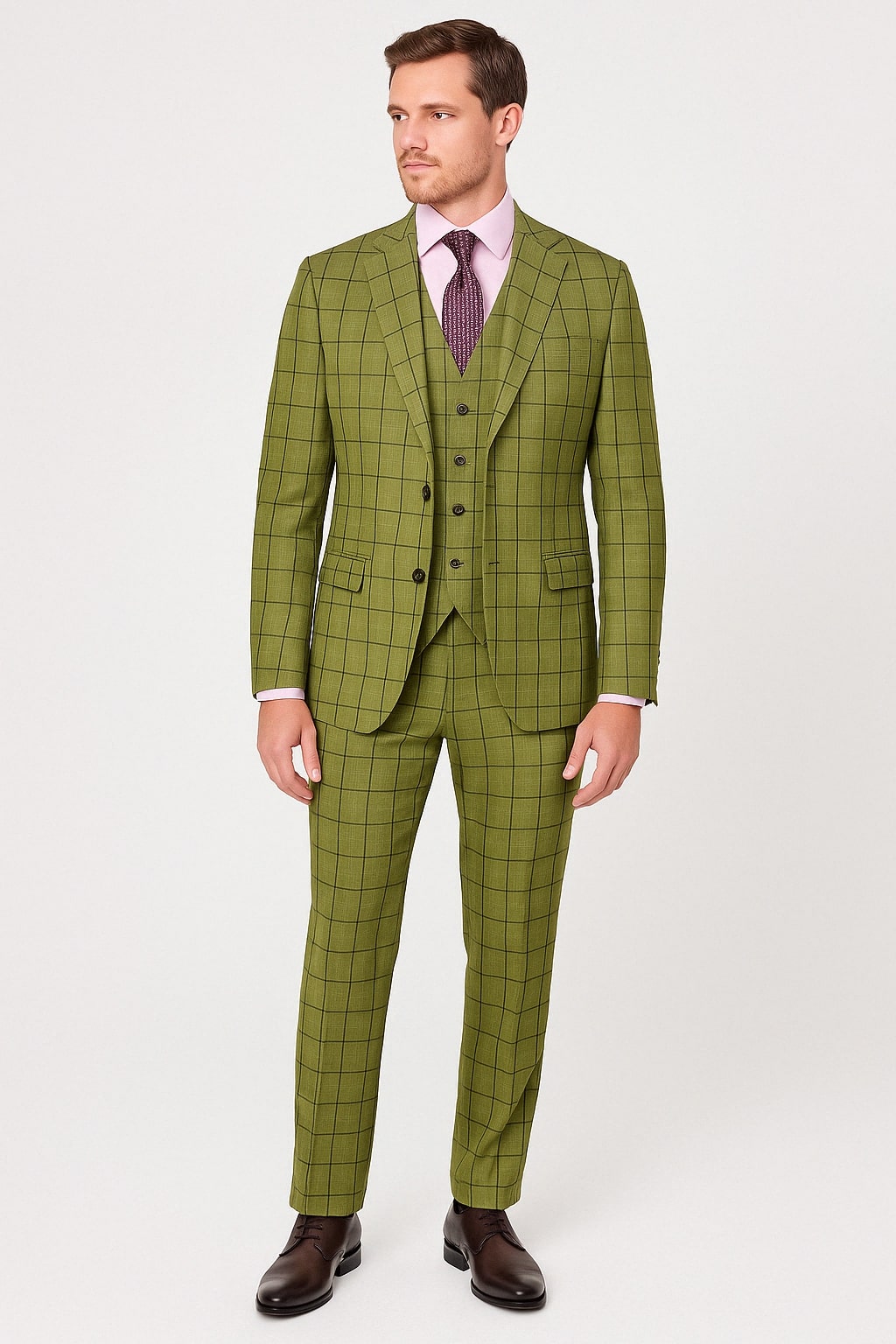 Mens Light Olive Green Three-Piece Plaid Suit with Notch Lapel - Sage Green Windowpane Pattern - 34 Short or Extra Small