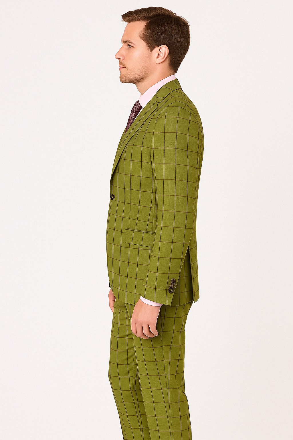 Mens Light Olive Green Three-Piece Plaid Suit with Notch Lapel - Sage Green Windowpane Pattern - 34 Short or Extra Small