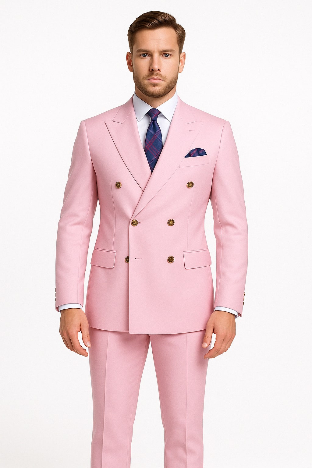 Mens Light Pink Double-Breasted Suit with Gold Buttons â€“ 2-Piece Slim Fit Set - 34 Short or Extra Small