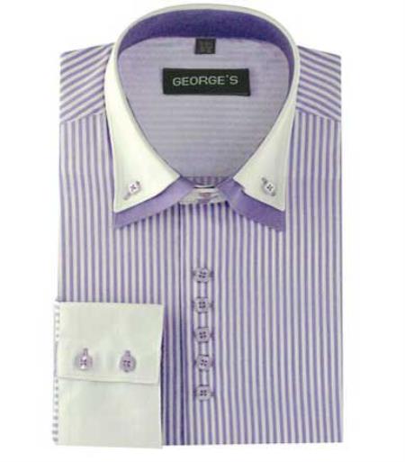 Long Sleeve Lilac White Collar Two Toned Contrast Two Tone Striped Standard Cuff White Collared Contrast Men's Dress Shirt - 19 Neck / 34-35 sleeve