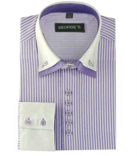 Long Sleeve Lilac White Collar Two Toned Contrast Two Tone Striped Standard Cuff White Collared Contrast Men's Dress Shirt