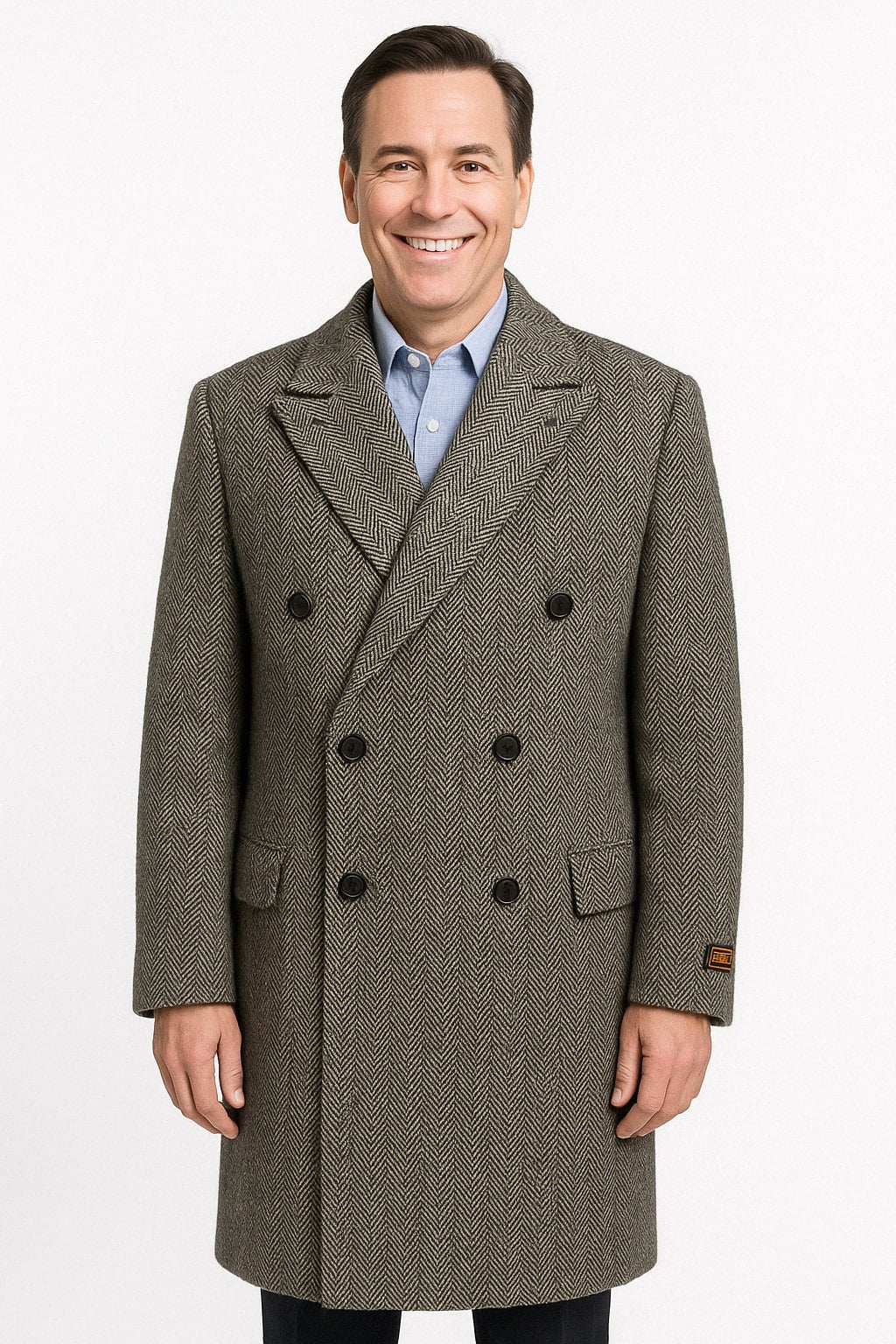 Mens Long Herringbone Wool Overcoat â€“ Classic Double-Breasted Winter Topcoat - Coat Size 38