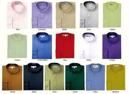 Mandarin Collarless Banded No Collar Dress Preacher Round Style Shirt Style purple Multi-Color Men's Dress Shirt - Medium 15.5" Neck / 34-35" Sleeve
