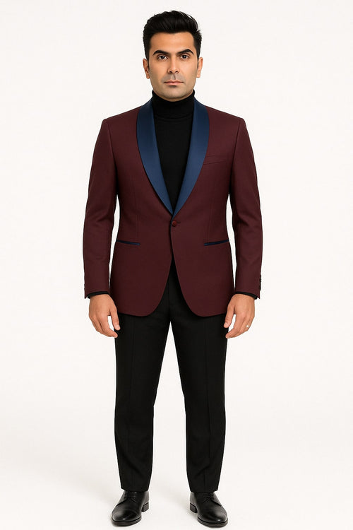 Mens Maroon Tuxedo Jacket with Blue Satin Shawl Lapel â€“ Slim Fit Formal Blazer in Burgundy and Navy Blue