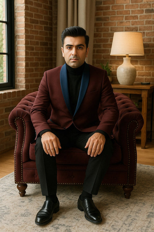 Mens Maroon Tuxedo Jacket with Blue Satin Shawl Lapel â€“ Slim Fit Formal Blazer in Burgundy and Navy Blue