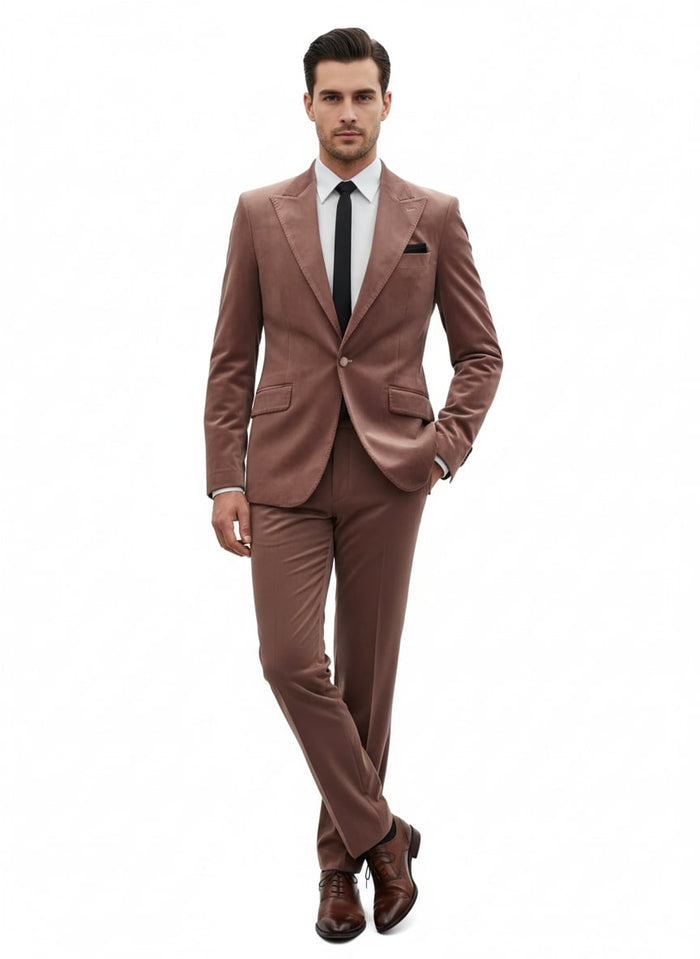 Mens Mauve Velvet Suit â€“ 2 Piece Ultra Slim Fit Blazer and Pants Formal Set in Light Brown Tuxedo