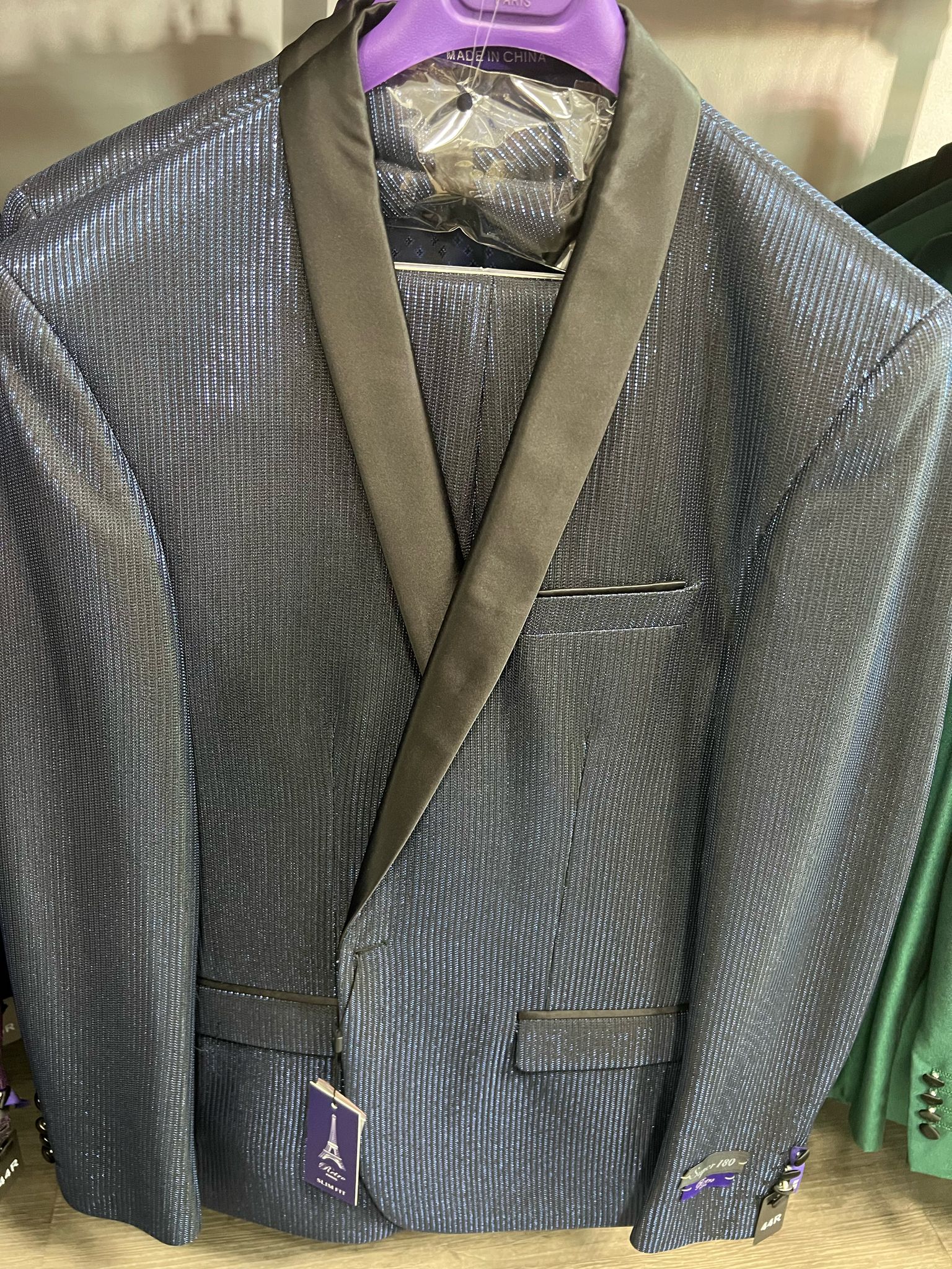 Mens Midnight Blue Stripe Tuxedo Jacket with Black Satin Shawl Lapel â€“ Shiny Formal Party Suit - 34 Short or Extra Small