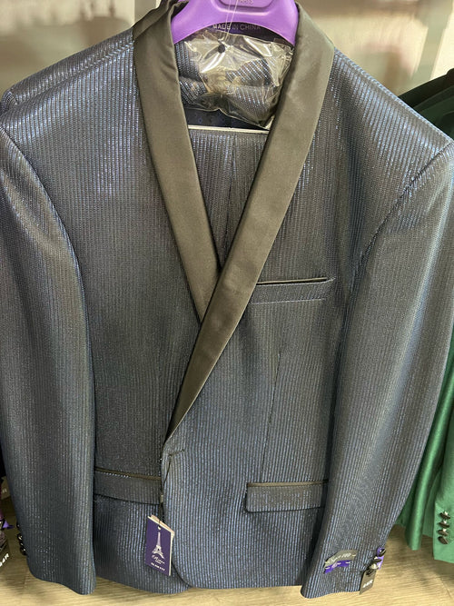 Mens Midnight Blue Stripe Tuxedo Jacket with Black Satin Shawl Lapel â€“ Shiny Formal Party Suit