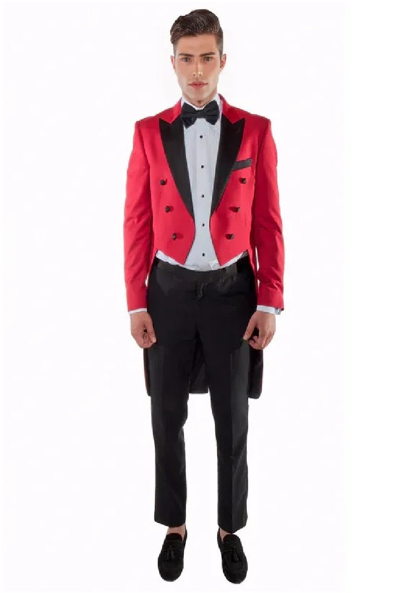 Mens Modern Tail Prom 2025 Tuxedo in Red & Black - 38 Short Jacket+32 Waist Adjustable 28to34)(Height: 5 4 to5 7 )(Neck  15-16.5)S-M)