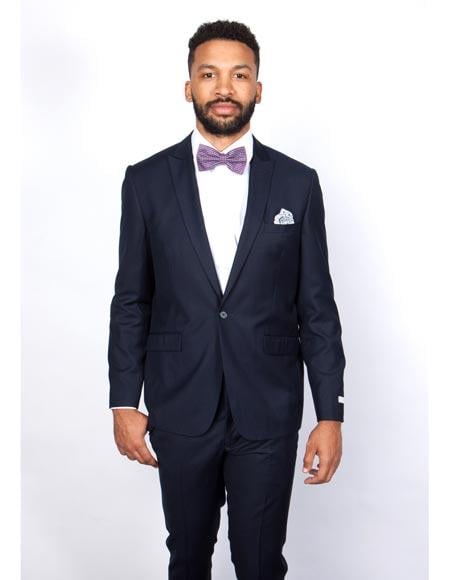 Rossiman Rossi Navy Blue Slim Fit Suit Peak Lapel Tailored Formalwear for Men