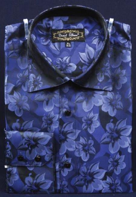 Navy Blue Thick Mandarin Band Fancy Polyester Shirt