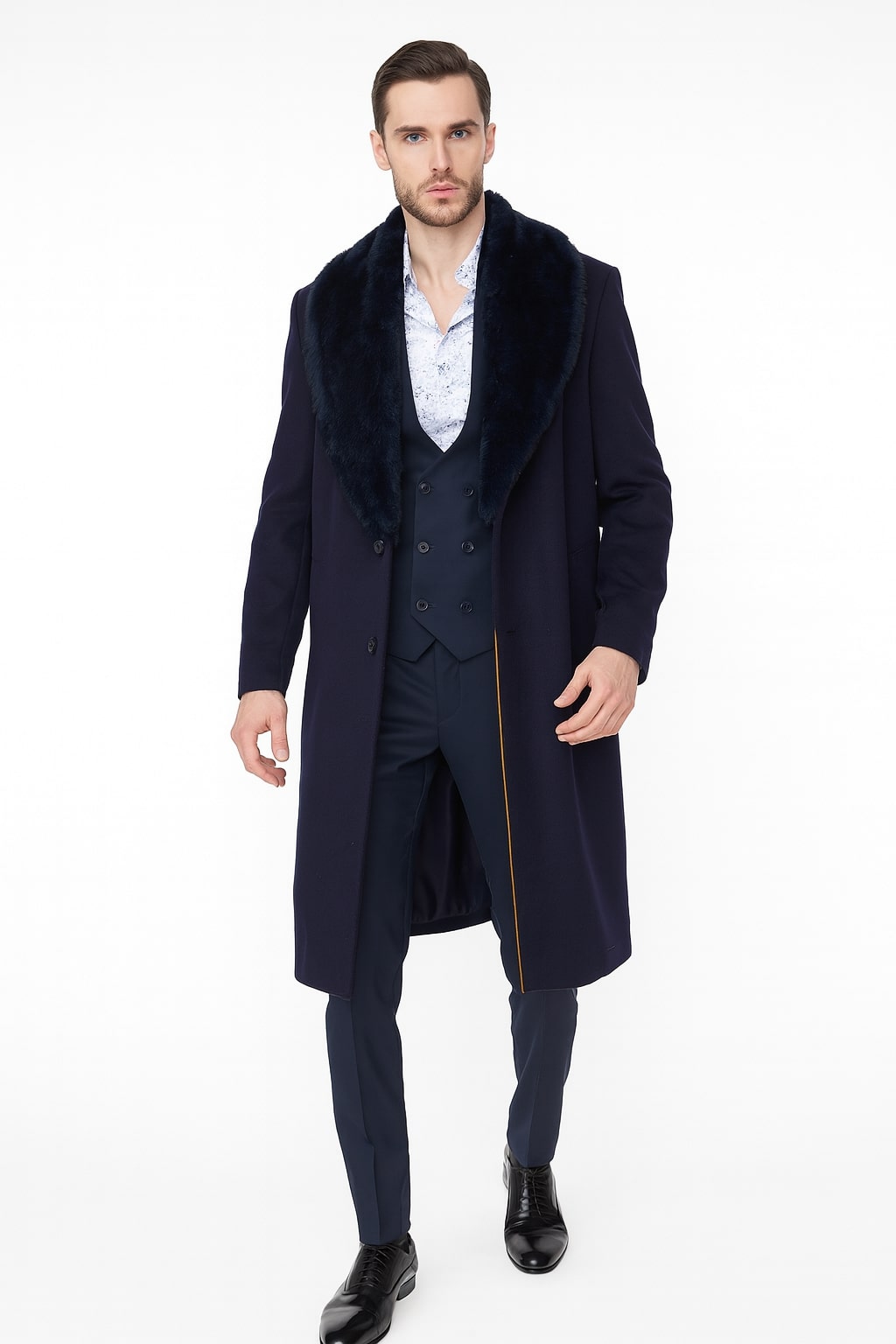 Mens Navy Blue Overcoat with Faux Fur Collar – Luxury Long Winter Coat for Formal and Casual Wear Topcoat - Coat Size 38