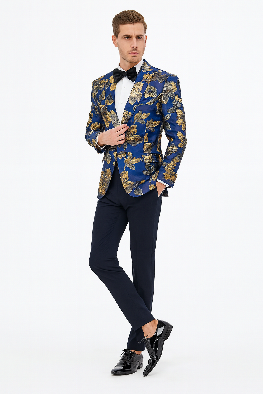Mens Navy Blue and Gold Floral Tuxedo Jacket – Luxury Slim Fit Blazer with Gold Pattern Paisley Pattern Matching Bowtie - 36 Short