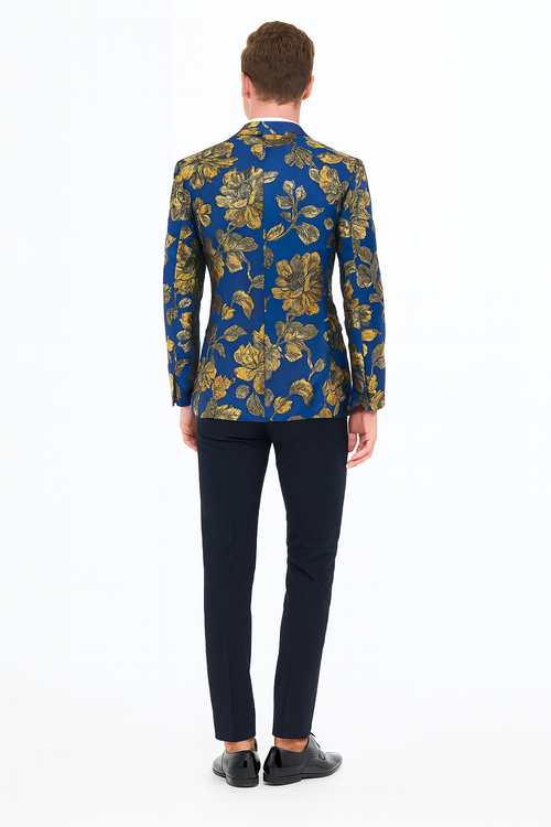 Mens Navy Blue and Gold Floral Tuxedo Jacket Luxury Slim Fit Blazer with Gold Pattern Paisley Pattern Matching Bowtie