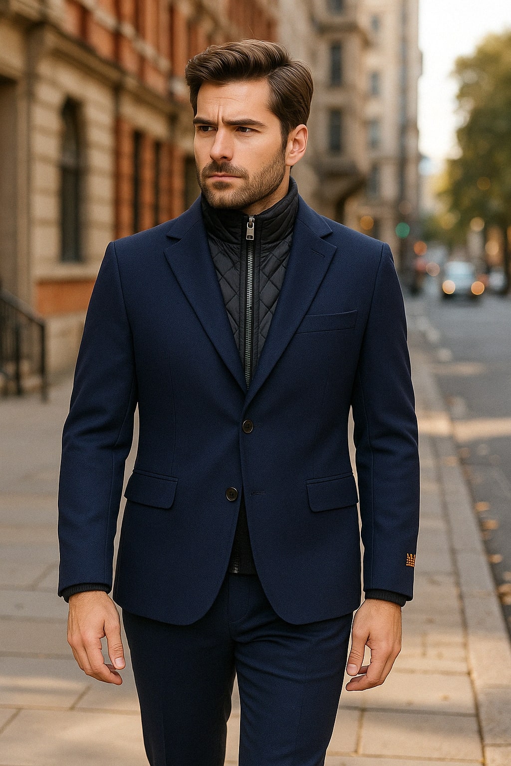 Mens Navy Cashmere and Wool Blazer with Quilted Zip-Up Inner Layer - Two Button Style Notch Lapel - 36 Short