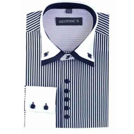 Navy Standard Cuff Long Sleeve White Collar Two Toned Contrast Two Tone Striped White Collared Contrast Men's Dress Shirt