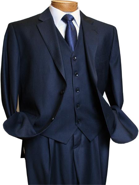 2BV Men's 3 Piece Dark Navy blue Suit For Men Mini Pinstripe ~ Stripe Conservative Italian Design Suit Vested Side Vent Flat Front Pants - 58R