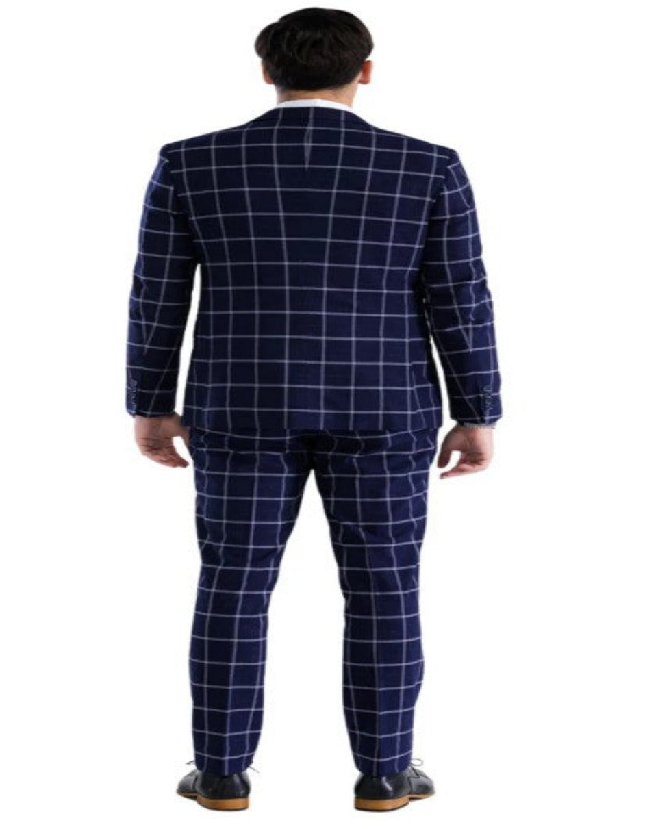 Mens Plaid Suit - Windowpane Pattern With Vest - Business Suit Navy - Coat Size 38