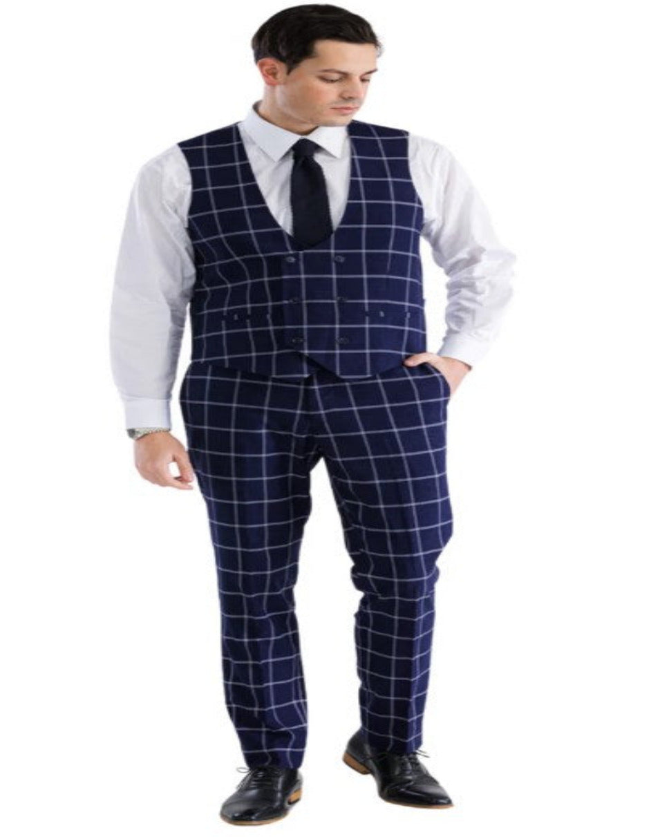 Mens Plaid Suit - Windowpane Pattern With Vest - Business Suit Navy - Coat Size 38