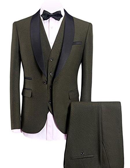 Green Slim Fit Suit - Many Styles & Brands $99UP Men's Olive Green 3-Pieces Slim Fit Shawl Lapel 1 Button Vested Dress Suit