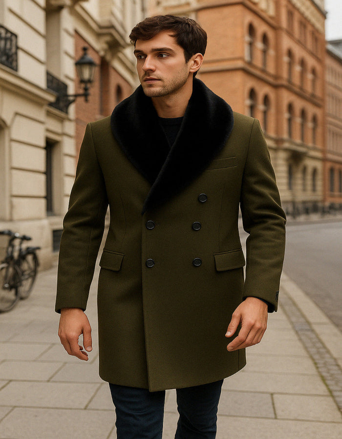Mens Olive Green Wool Overcoat with Black Faux Fur Shawl Collar Double Breasted Winter Coat