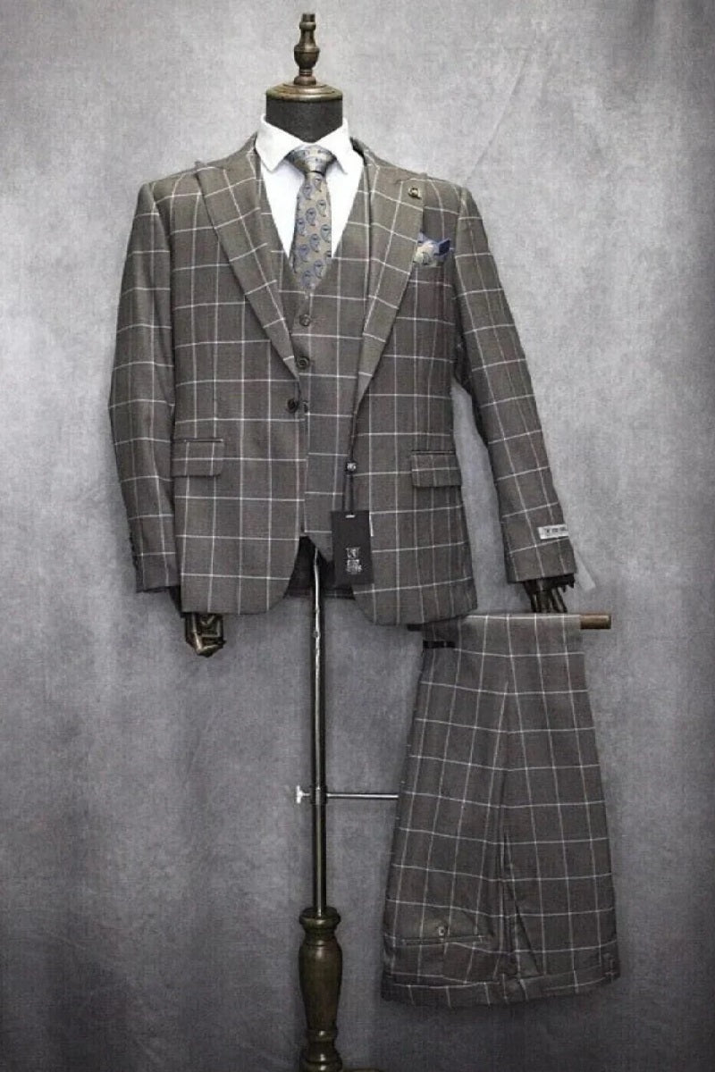 Mens One Button Peak Lapel Plaid Pattern Suit Tan ~ White ~ Blue