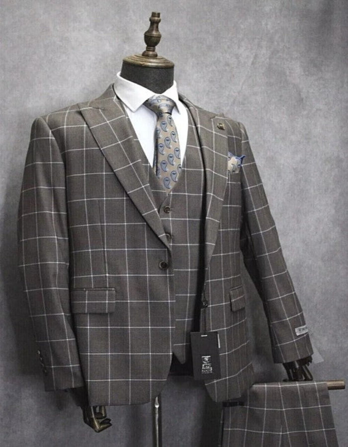 Mens One Button Peak Lapel Plaid Pattern Suit White