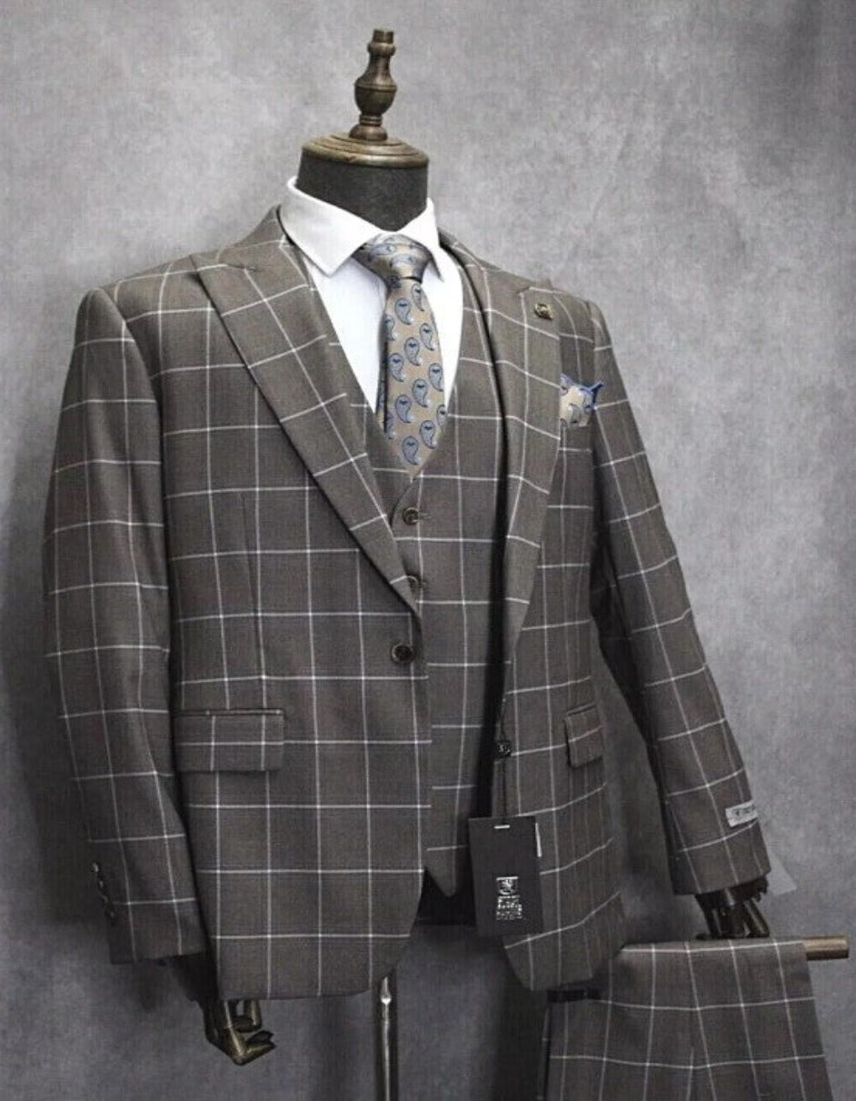 Mens One Button Peak Lapel Plaid Pattern Suit Tan ~ White ~ Blue