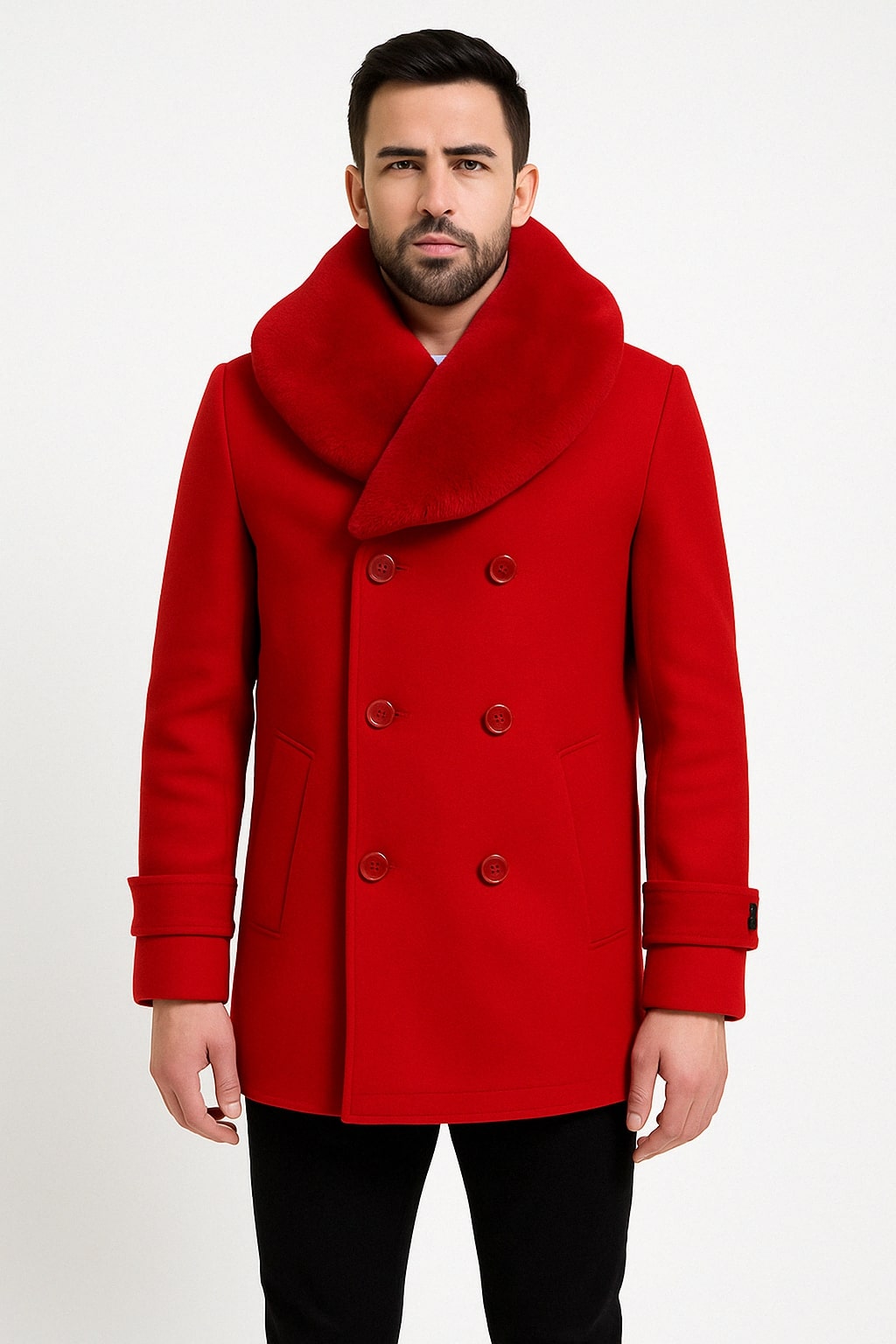 Mens Peacoat Color Red Color - Wool Overcoat with Faux Fur Shawl Collar – Double-Breasted Peacoat for Winter - Coat Size 38