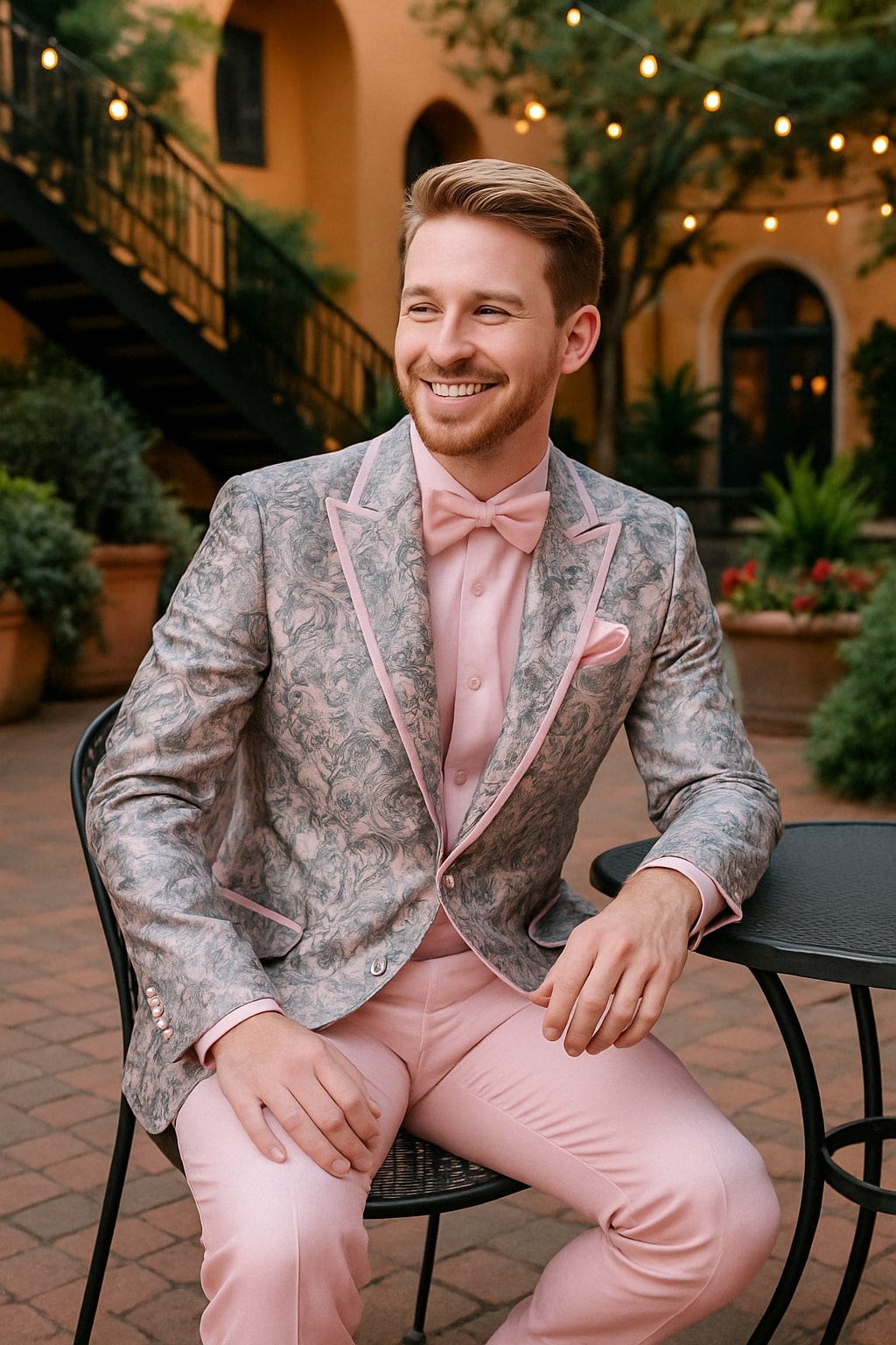Mens Pink and Grey Floral Tuxedo with Satin Trim â€“ Prom and Wedding Suit with Bow Tie and Flower Pin - 34 Short or Extra Small