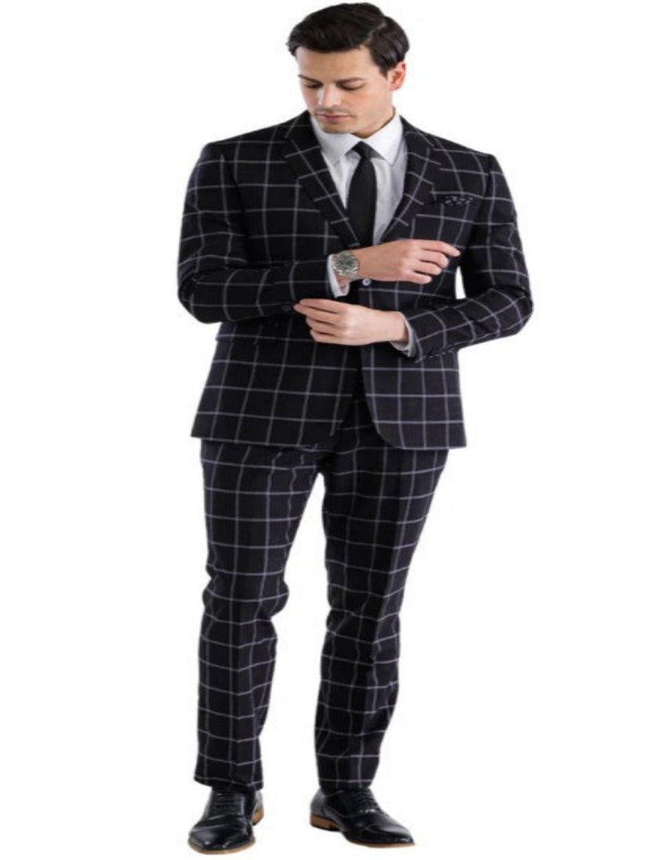 Mens Plaid Suit - Windowpane Pattern With Vest - Business Suit Black - Coat Size 38