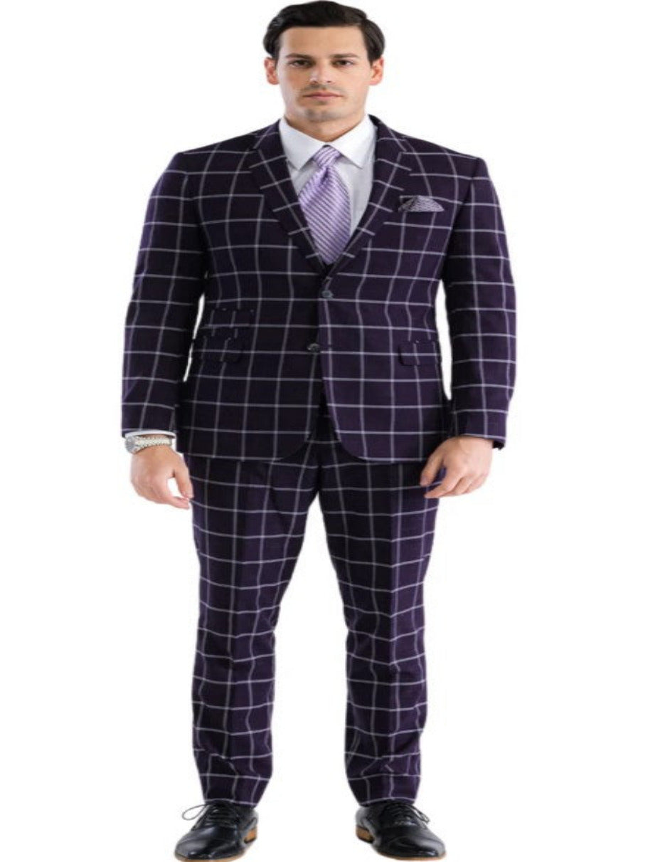 Mens Plaid Suit - Windowpane Pattern With Vest - Business Suit Burgundy - Coat Size 38