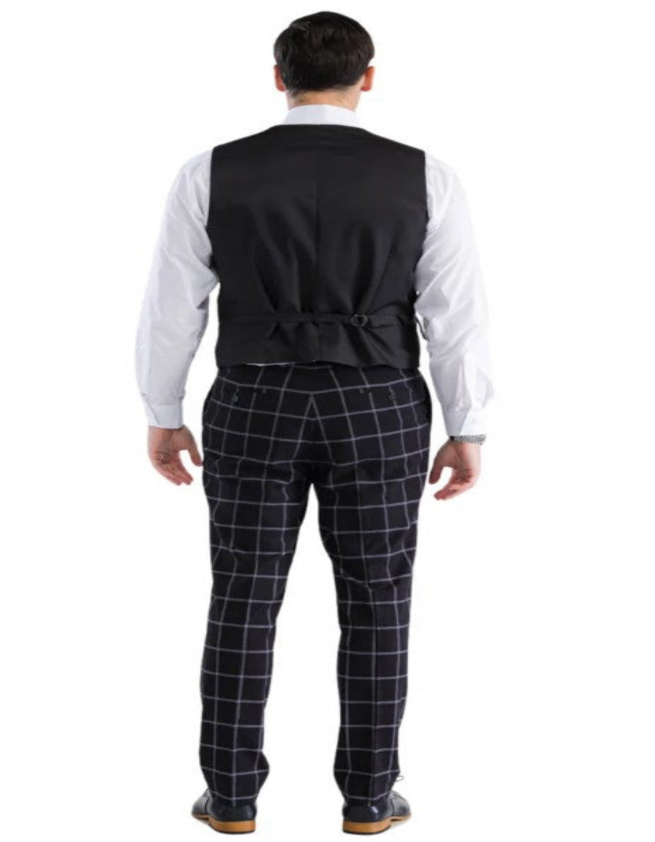 Mens Plaid Suit - Windowpane Pattern With Vest - Business Suit Black - Coat Size 38