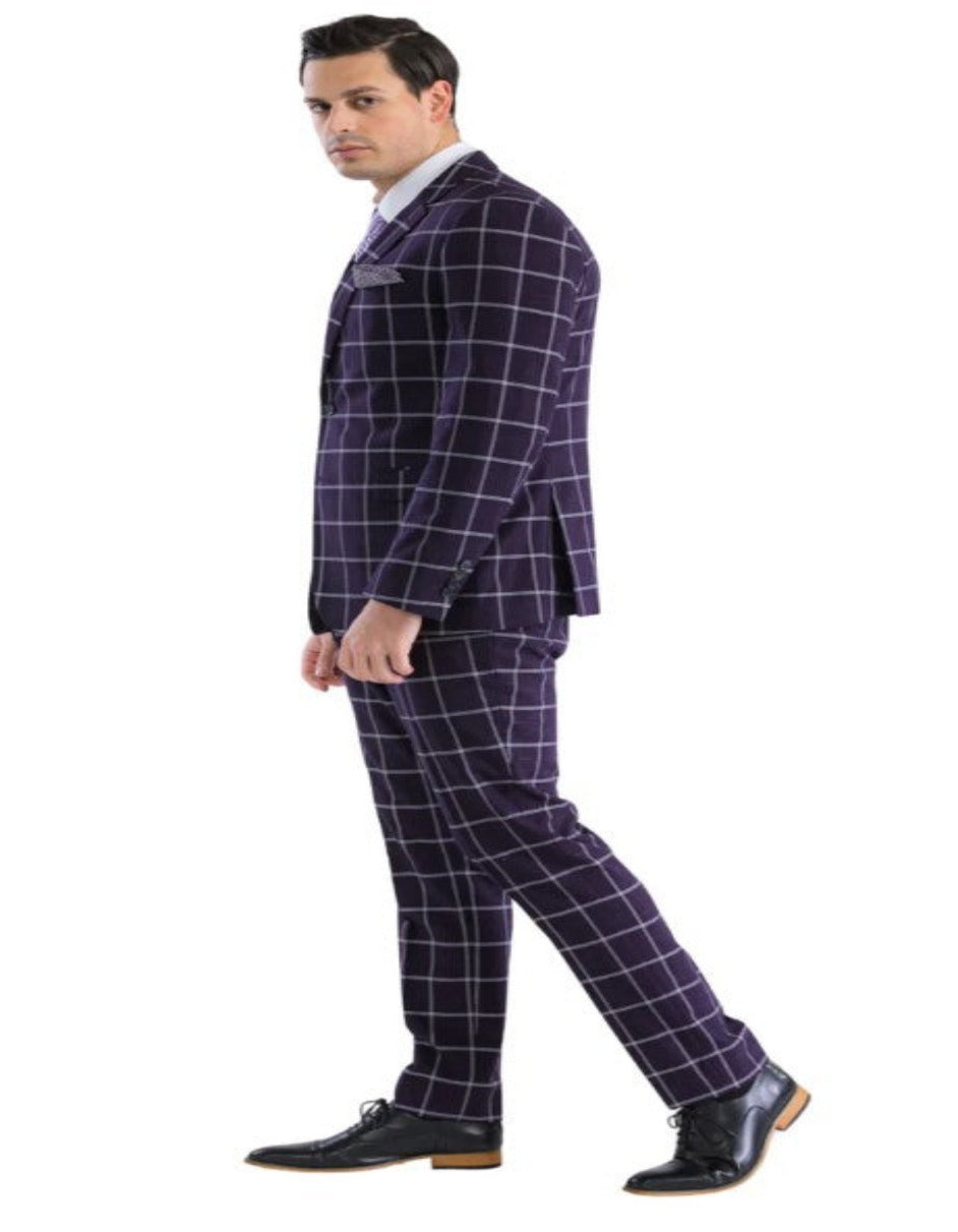 Mens Plaid Suit - Windowpane Pattern With Vest - Business Suit Burgundy - Coat Size 38