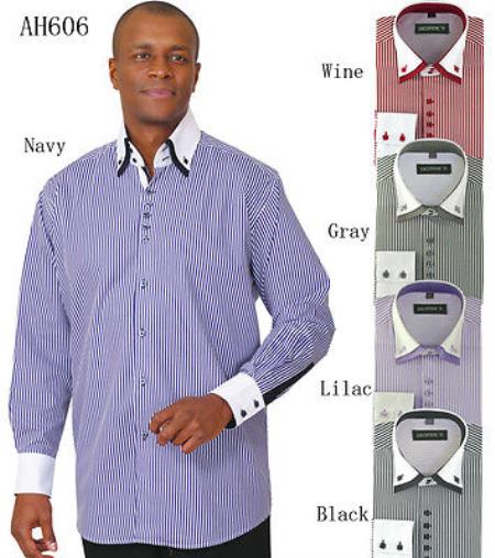 Men's Stylish Fashion Stripe Shirt W/ Solid Accent Cuffs White Collar Two Toned Contrast & Collar Multi-Color