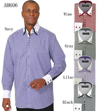 Men's Stylish Fashion Stripe Shirt W/ Solid Accent Cuffs White Collar Two Toned Contrast & Collar Multi-Color