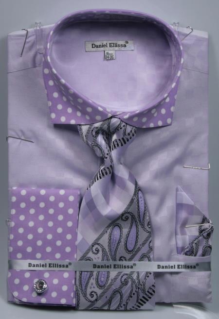 Polka Dot French Cuffed Matching Shirt & Tie Combo Lavender Set Men's Dress Shirt